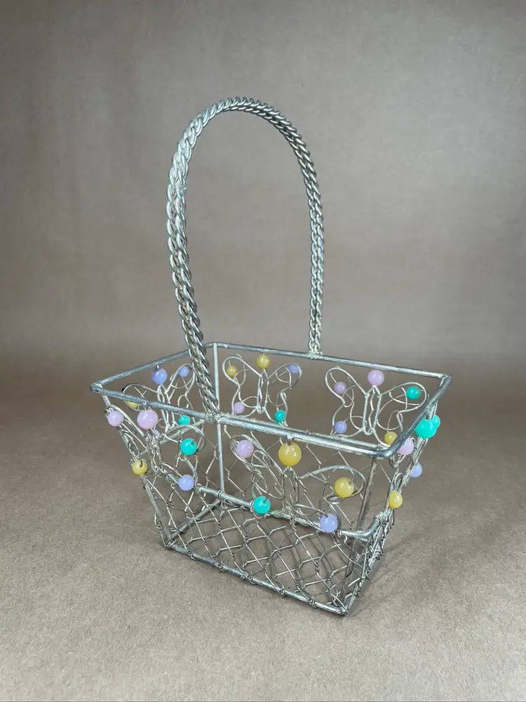 EASTER Spring Basket Galvanized Metal Wire with Handle with Pastel Beaded Butterflies