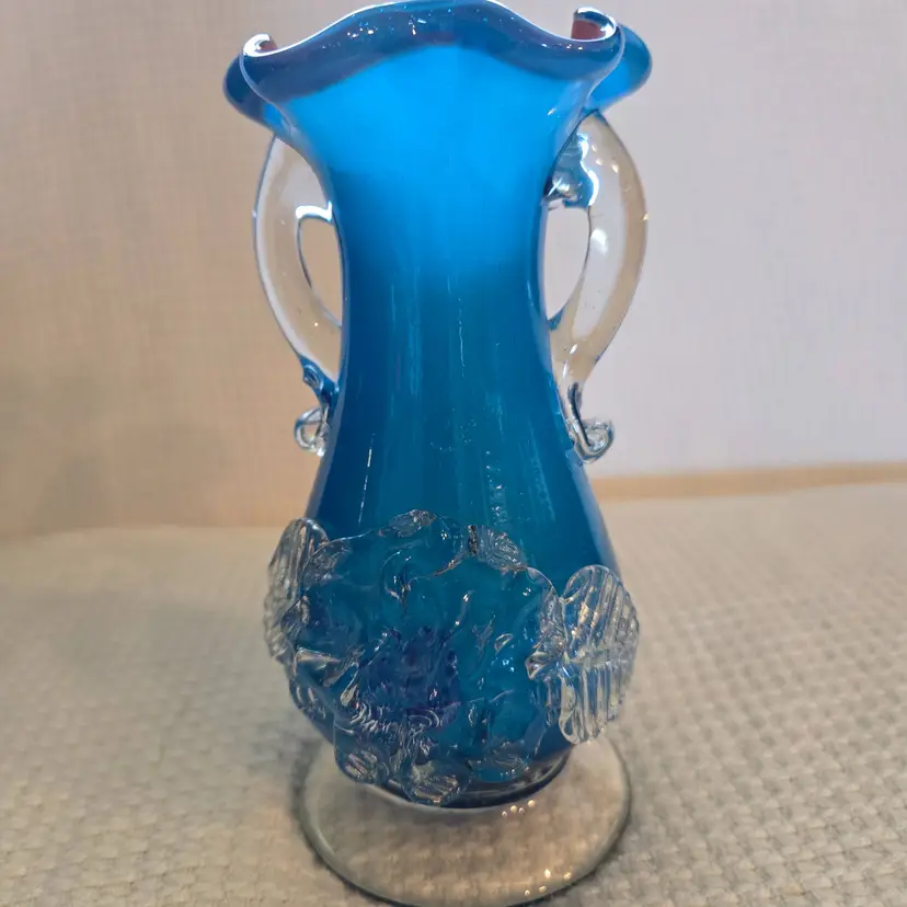Blue Ruffle Hand Blown Art Glass Vase