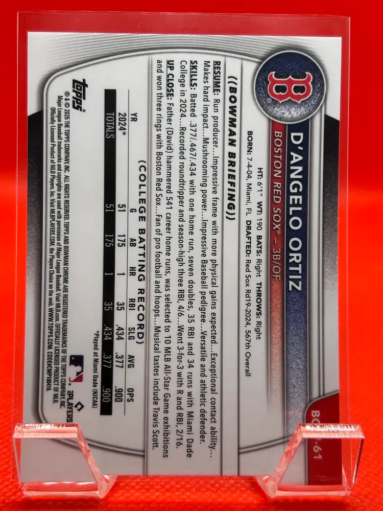 D’angelo Ortiz “Lil’ Papi” - 2025 Bowman Chrome 1st Boston Red Sox