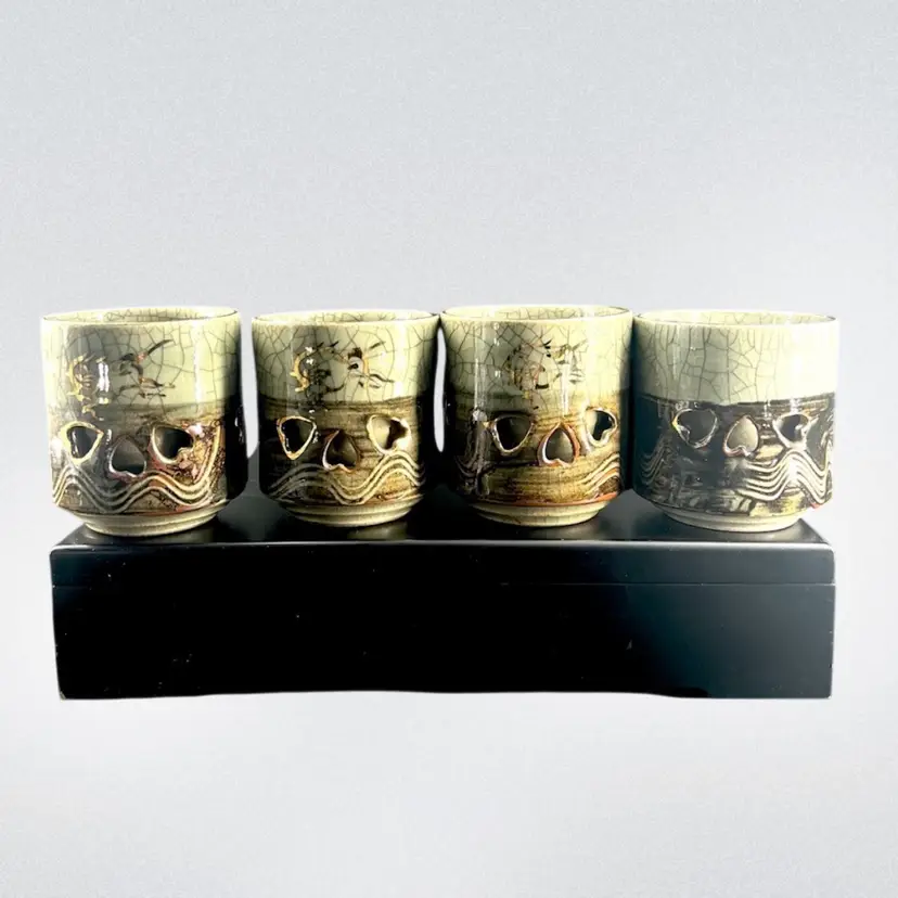 Vintage SomaYaki Tea Cup Set 
4pc Gold Trim Golden Horse Year If the Horse 
Green & Brown Glaze Double Wall