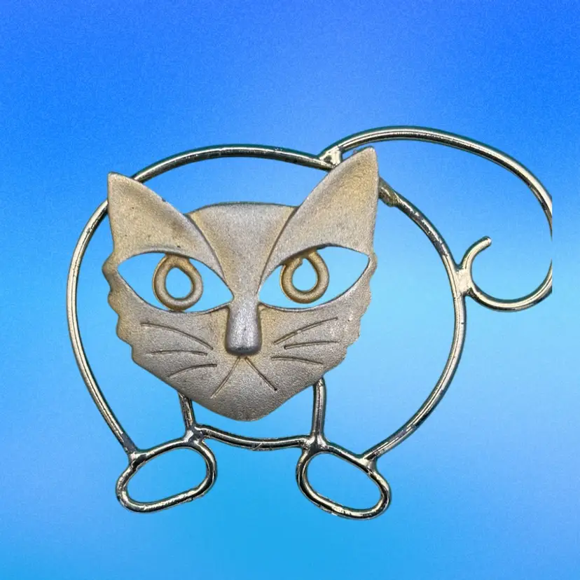 Vintage Modernist Cat Brooch – Abstract Silver-Tone Kitty Pin