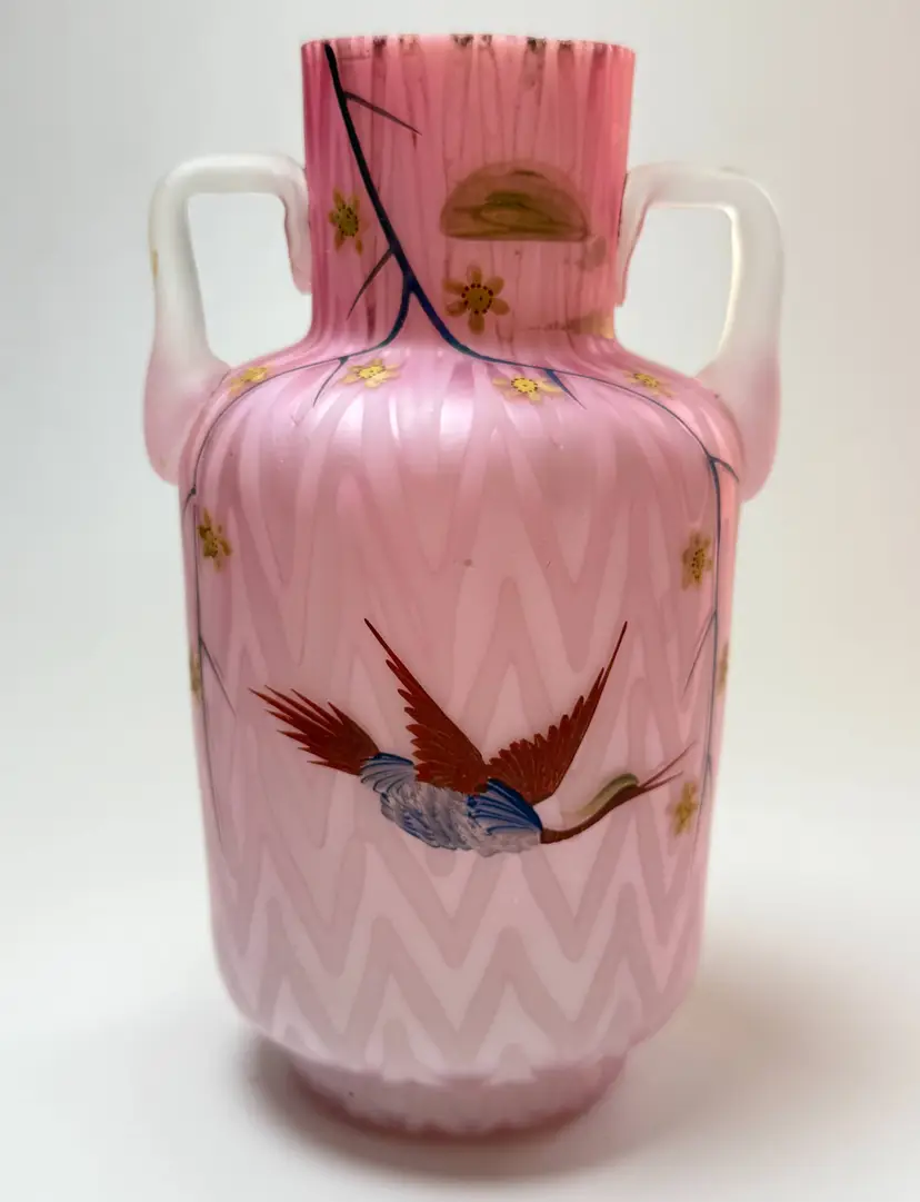 Antique Victorian Mt Washington Cased Pink Satin Glass Double Handle Enameled Bird Quilted Chevron Vase