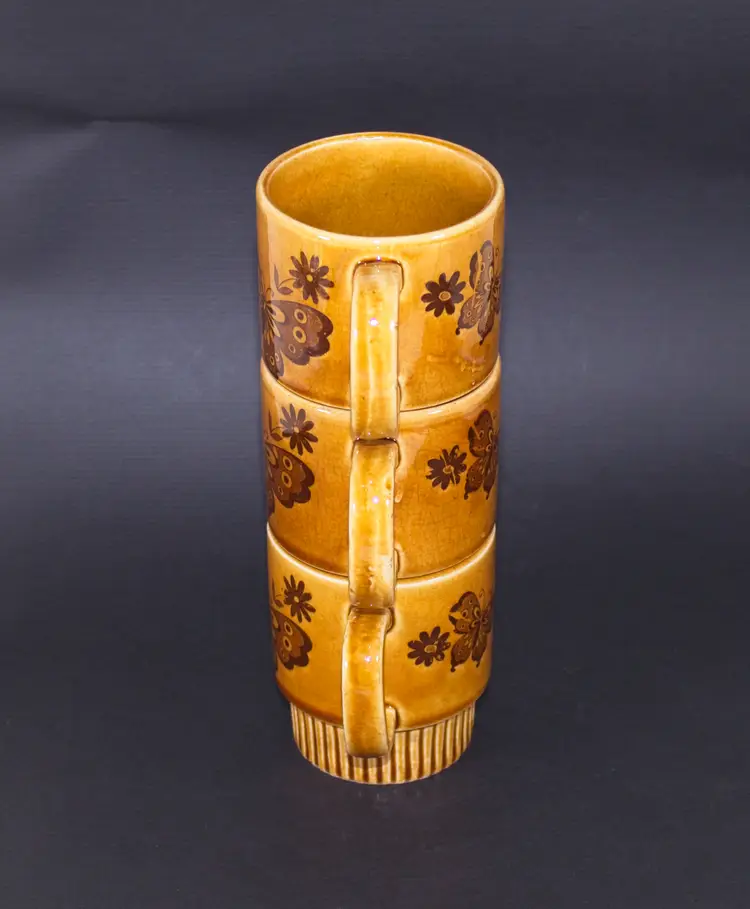 Vintage Set of 3 Stackable Mugs Cups Porcelain Japan Butterflies 6 oz