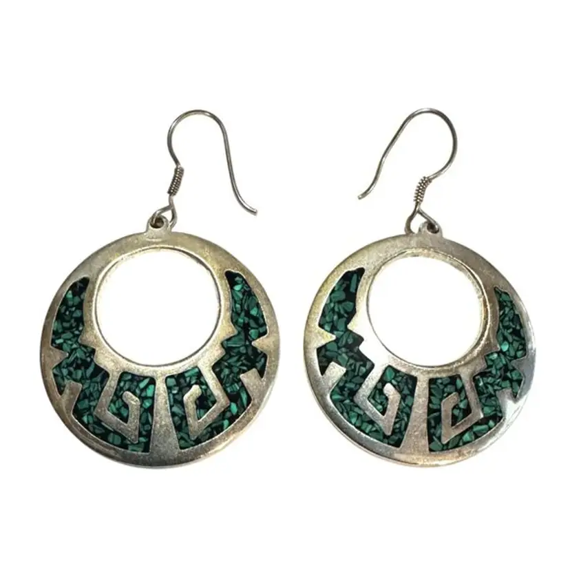 Southwestern Handcrafted 925 Sterling Silver Turquoise Dangle Hoop Earrings 14g