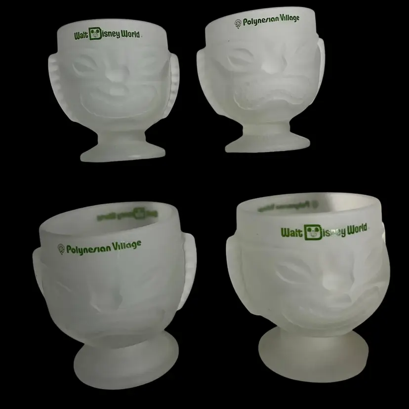 Set of 4 Frosted Glass Tiki Mugs – Walt Disney World Polynesian Village 🌺🍹 4 inch diameter at top, 5 inch diameter at widest, 5” tall