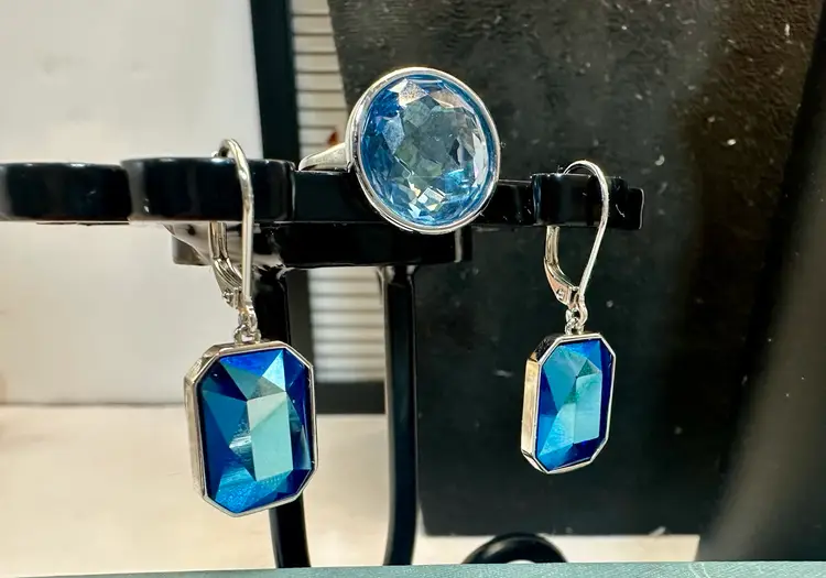 Touchtone Crystal by Swarovski Ice Blue Bracelet, Earrings & Ring Sz 5  Rhodium Plated Set