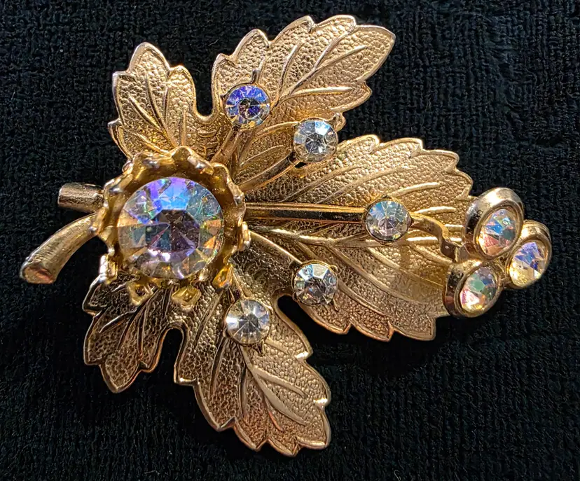 Gold Tone Leaf with Aurora Borealis Rhinestones Brooch