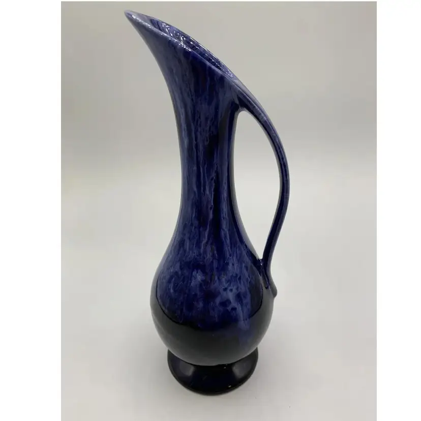 USA Art Pottery Ewer Bud Vase Blue Drip Glaze Iridescent 8 1/2” Mid Century