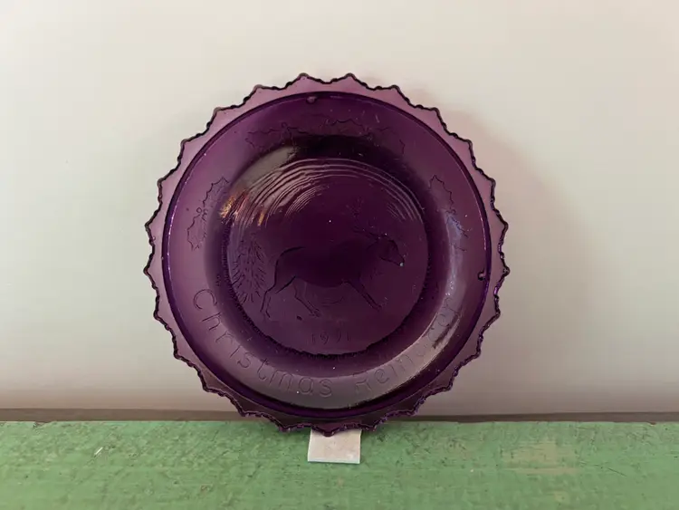 Vintage Christmas Reindeer Pairpoint Purple Glass Cup Plate. Collectible Glass Miniature Plate