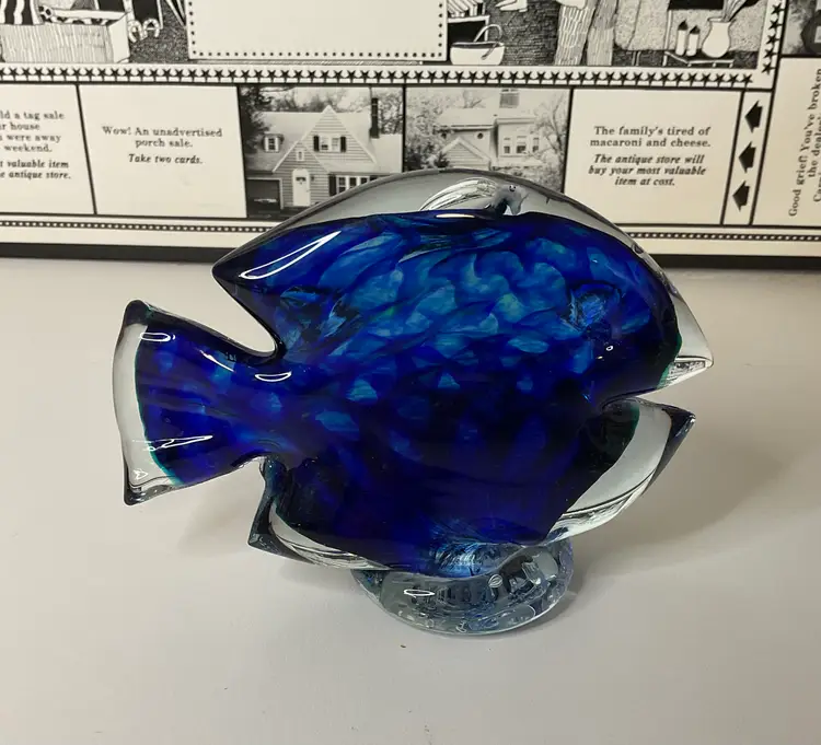 Blue blown glass fish signed J Pearce, 4 1/2” long and 3 1/2” tall, beautiful pattern in the cobalt glass