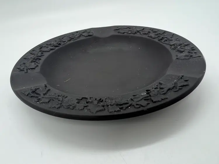 Vintage Wedgwood England Black On Matte Black Basalt Ashtray Trinket Tray Dish Candle Holder Halloween Decor