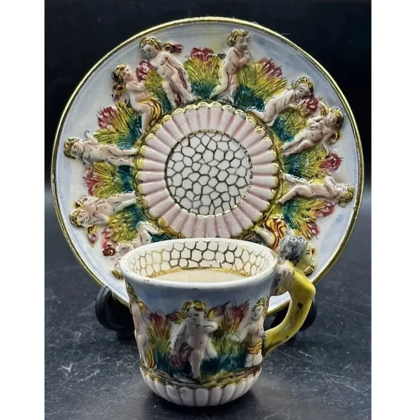 Capodimonte Demitasse Espresso Cup & Saucer Cherub Angel Handle Italy