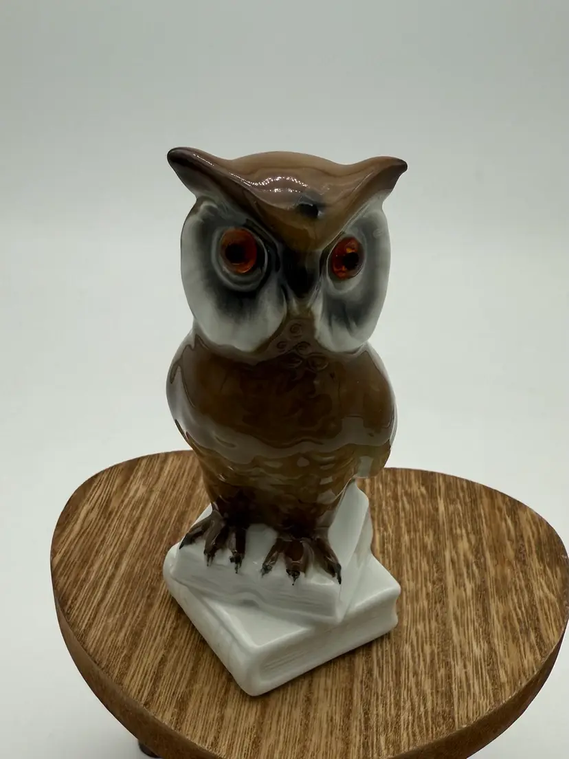 Vtg Owl Ceramic Figurine Hand Painted Glass Eyes West Germany Sitting on Books