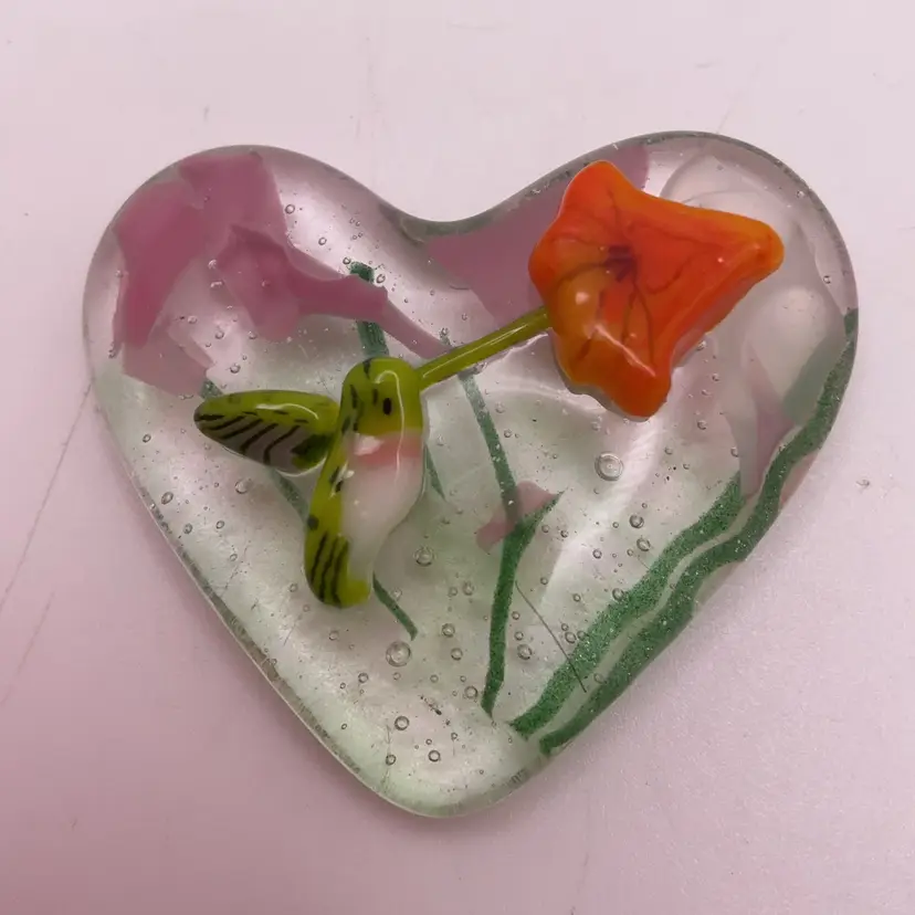 Made by Me! Fused Glass Heart with 3D Hummingbird 1.75” Handcrafted Studio Art