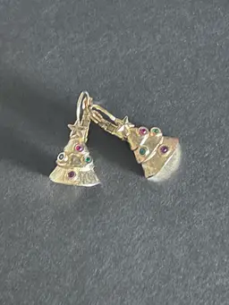 1950’s Vintage Gold Tone Jeweled Christmas Tree Earrings for Pierced Ears