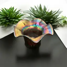 Antique Northwood Carnival Glass Ruffle Top Vase Grape Pattern. Top is 5 3/4” in diameter and 3” tall