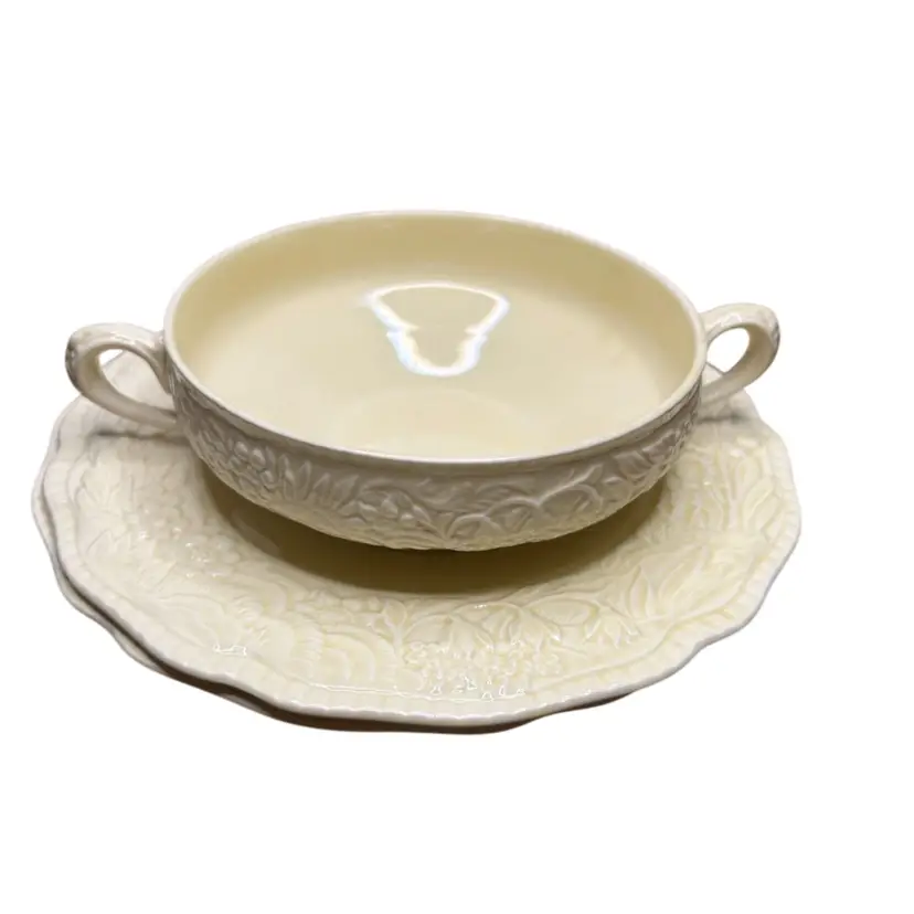 Set Of Three Crown Ducal Embossed Creamy Yellowish Double Handed Soup Bowl With 2 Saucers ( 1 Saucer Had Couple Of Chips On Back, 1 Has Hairline Crack) Crazing 7” Diameter Plate 5 “ Bowl
