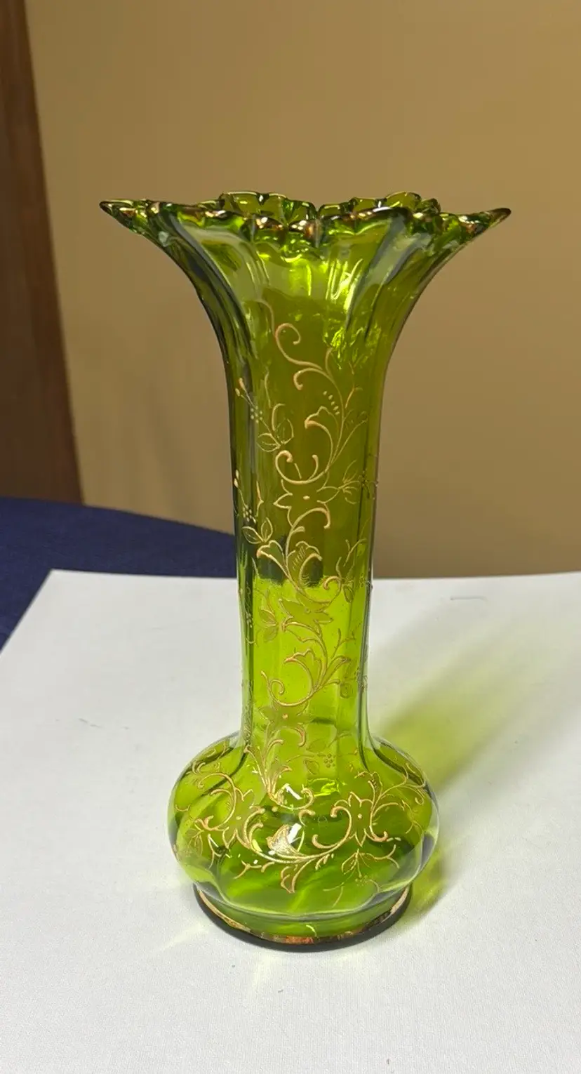 Victorian Art Glass Green Paneled Hand blown Vase w/ Hand Painted gold flowers