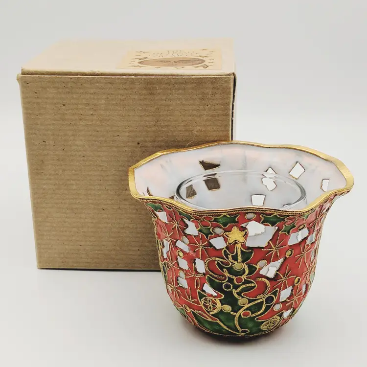 Vtg Cloisonne Enamel & Brass Christmas Tree Cut Out Votive Candle Holder w/box