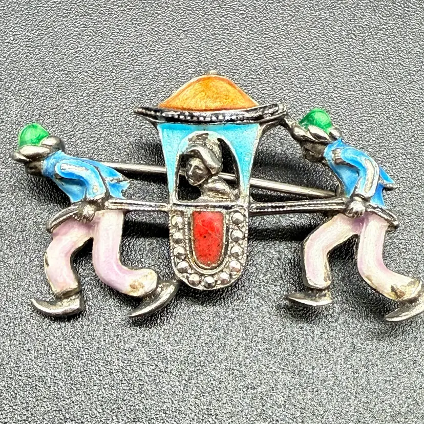 Vintage Silver Chinese Sedan Chair Brooch Mid-Century Enamel & Marcasite AS IS 7 Grams