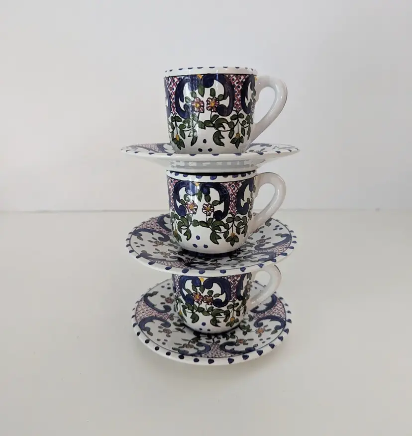 Set of 3 Made in Portugal Malveira Hand Painted Demitasse Cup and Saucer