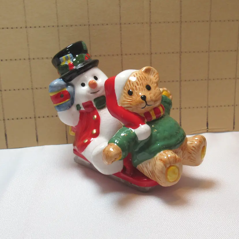 Snowman and Bear Riding Sleigh Salt & Pepper Shaker Set