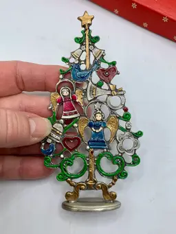 Kuhn Zinn Pewter Christmas Tree Enamel Hand Painted Figurine Germany 5" Vintage Holiday Decor