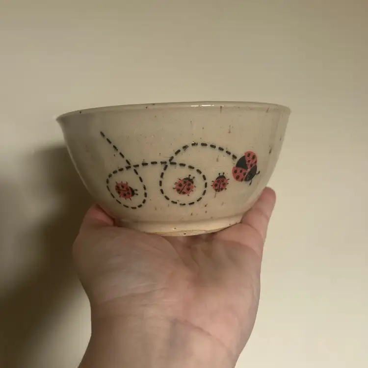 Handmade Pottery Ladybug Bowl Signed JK