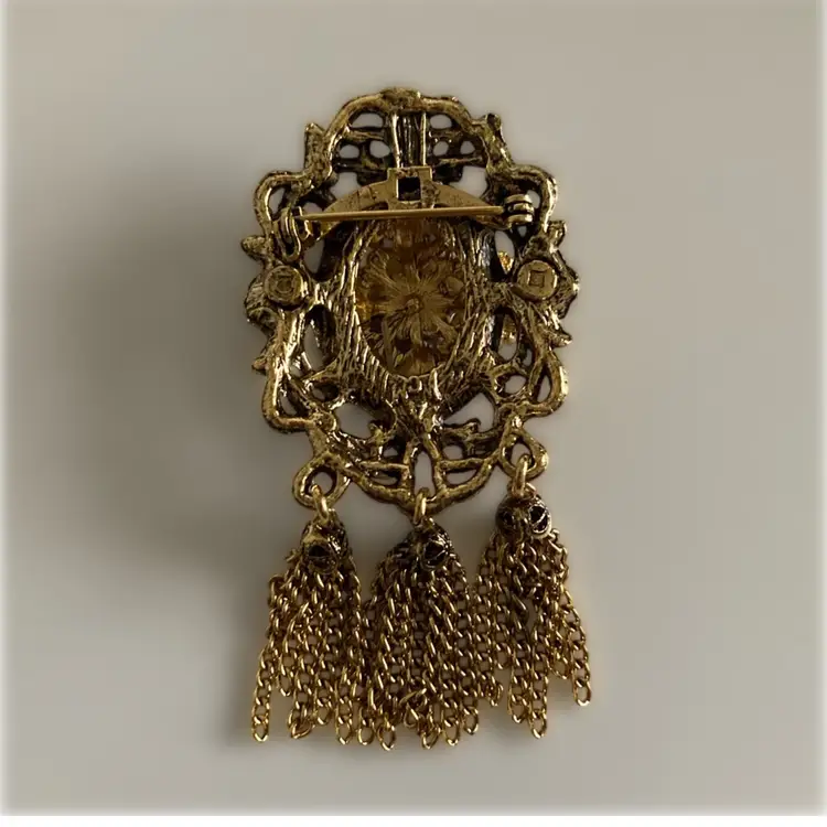 Gold Tassel Amber Floral and Green Rhinestone Brooch Pin