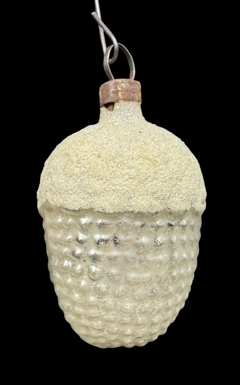 Antique Vintage Mini Hand Blown Glass Acorn Ornament White Silver Mica Germany