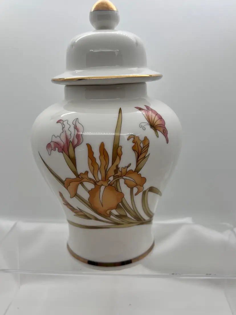 #1042-B Vintage Porcelain Japanese Ginger Jar White with Gold Trim.  Butterfly and Iris Motif