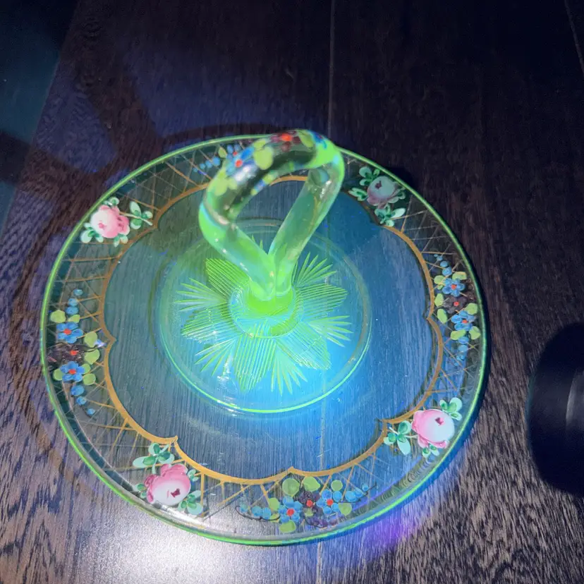 Vintage Hand Painted Uranium Floral Glass Lemon/tidbit Dish W Handle GLOWS