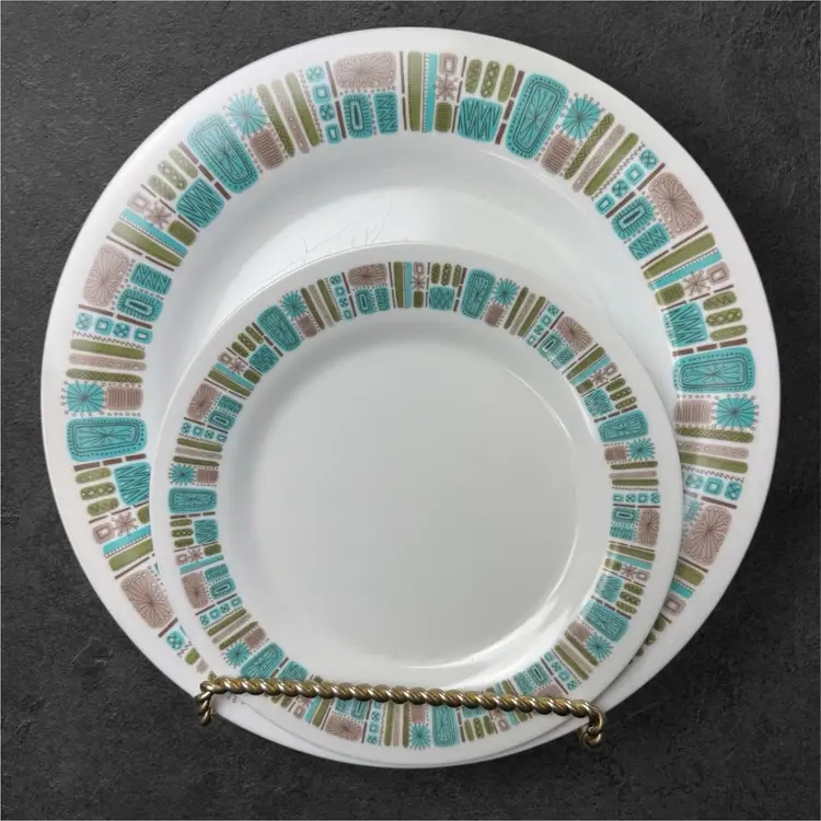Set Of 12-pc Rare Texas Ware Atomic Mayan Aztec Melamine Dinner & Salad Plates - MCM Dream Find!