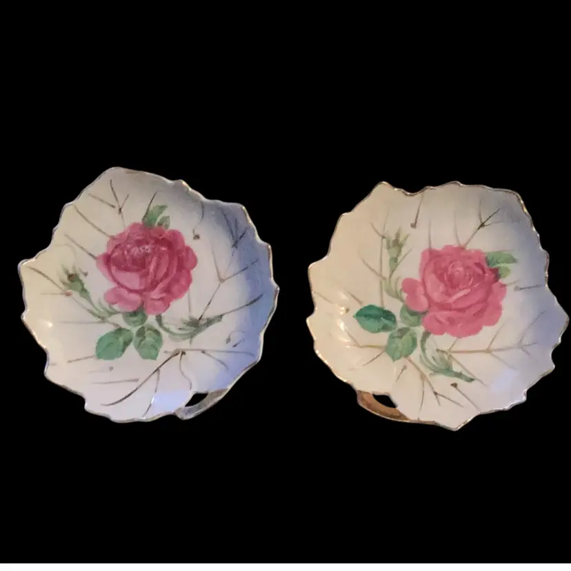 Pair Of Viceroy China Pink Rose Floral Leaf Trinket Ring Dishes 4.75 X 5 Inches
