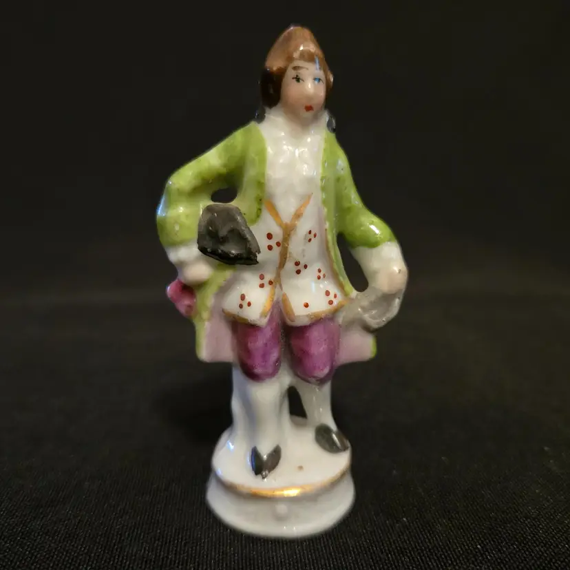 Porcelain Victorian Man Figurine 2½"T Made In Germany with Unknown Logo Vintage