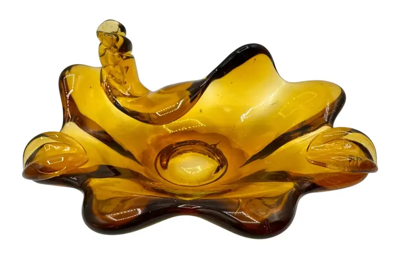 Vintage Hand Blown Amber Glass Ashtray Pipe Holder Shell Leaf Mid Century 6.25”