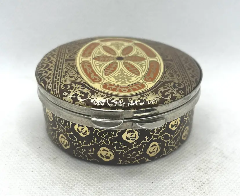 Italian Red and Gold Tooled Leather Round 3” Trinket Desk Jewelry Box