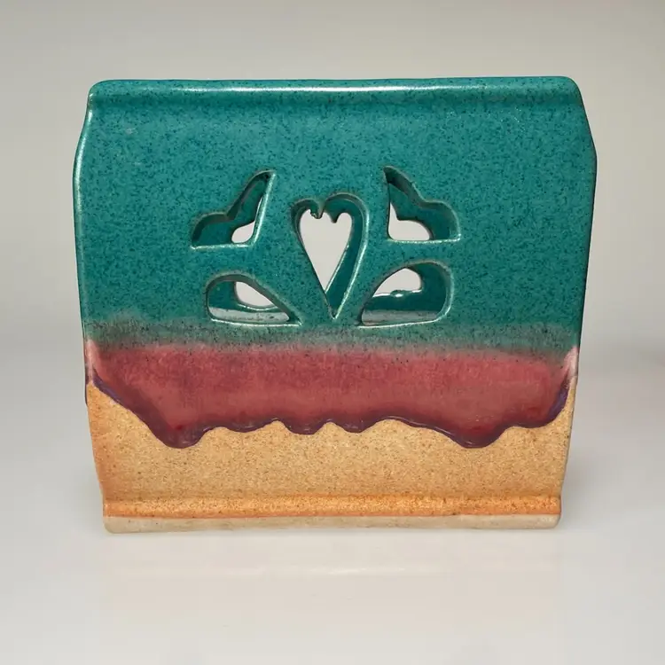 Walt Glass Texas Studio Pottery Napkin Holder Teal Green Raspberry Drip Glaze Heart 5.5x5"