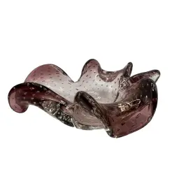 Murano Art Glass Leaf Shape Folded Bowl Dish Amethyst Purple Bubbles Bullicante