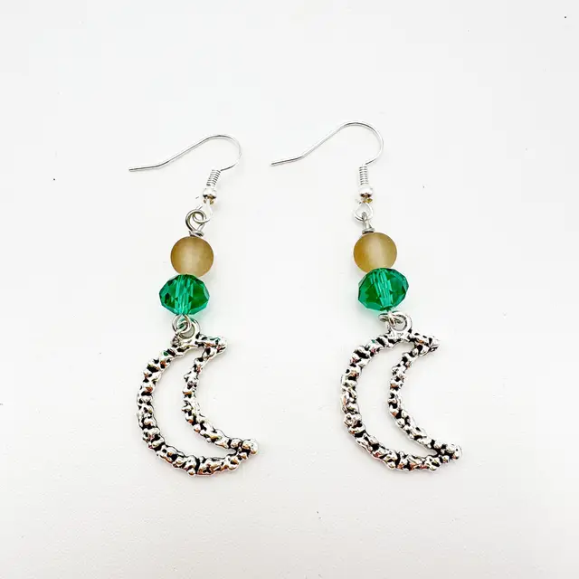 Flower Moon Celestial Earrings Green Bead Accent Silver Tone Handmade B25