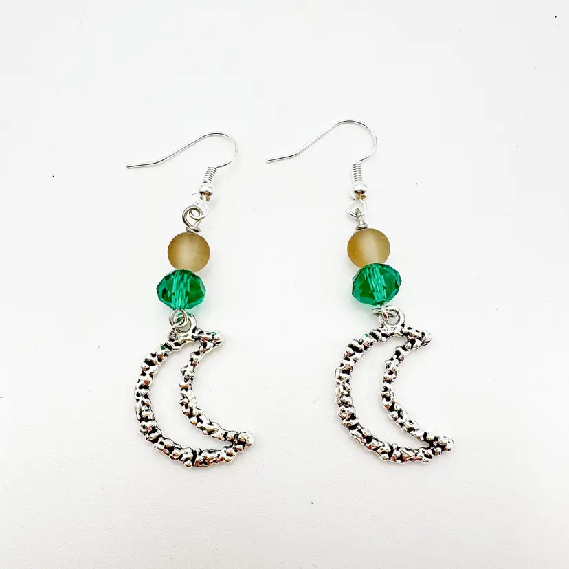 Flower Moon Earrings Green Bead Accent Silver Tone Handmade B25