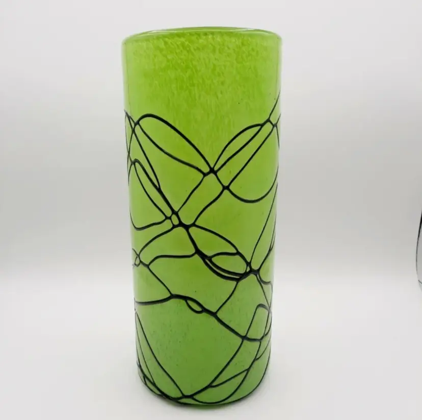 Lime Green Large Handblown Glass Vase with Black Spaghetti Swirl Applied Detail