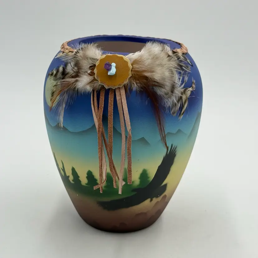 Art Pottery Native Southwestern Inspired Vintage Vase Eagle Landscape With Feathers Leather