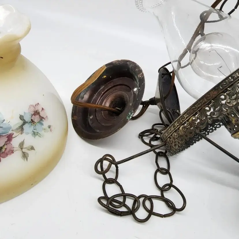 Vintage Globe hurricane style Hanging Lamp. Hard Wired. Floral design on shade