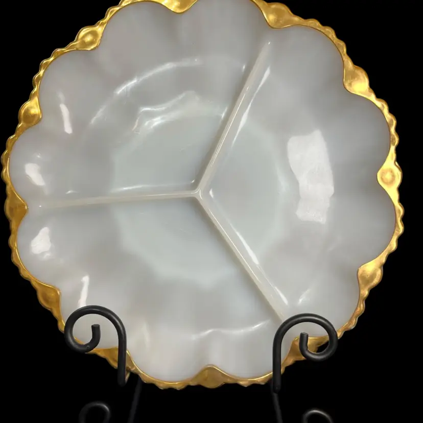Fire King Milk Glass 3 Section Divided Dish w/ Gold Tone Gilding