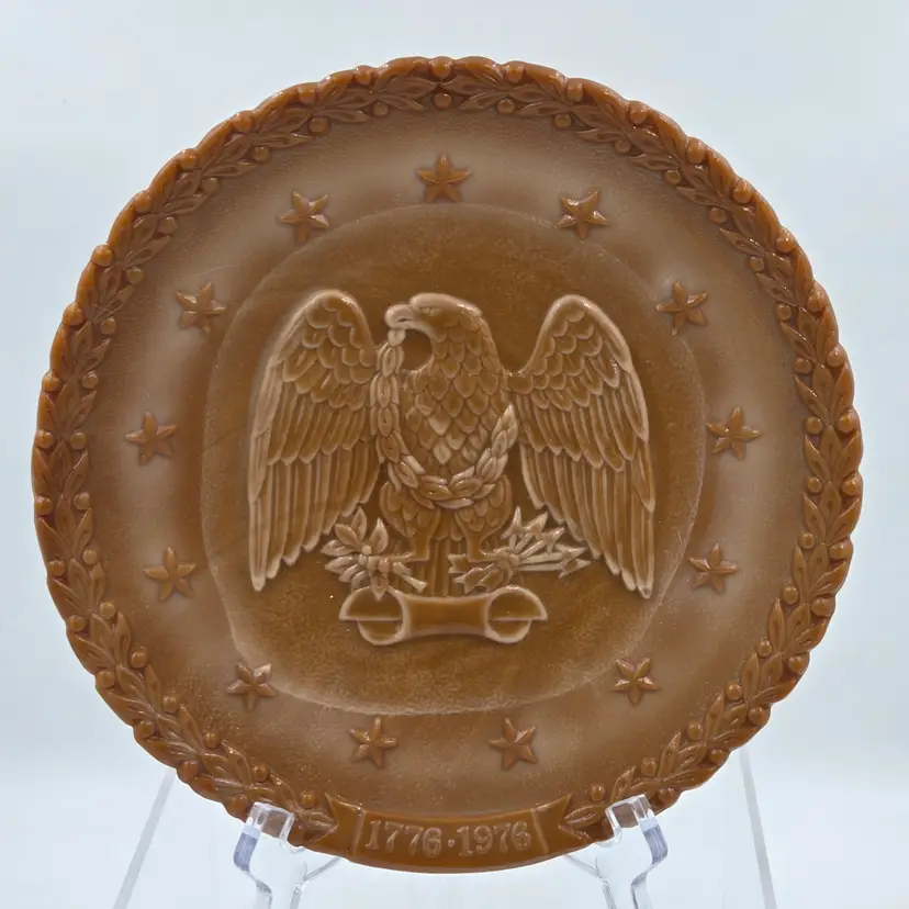 Fenton Bicentennial Eagle Daniel Webster Plate Chocolate Milk Glass Bicentennial