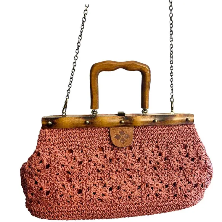 Patricia Nash Carmen SATCHEL HANDBAG Salmon Crochet Wood Leather Shoulder Chain