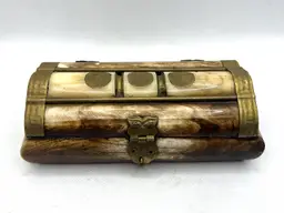 Vintage Camel Bone Brass Embossed Accents Purple Felt Lined Trinket Jewelry Box Hinged Latch And Lid