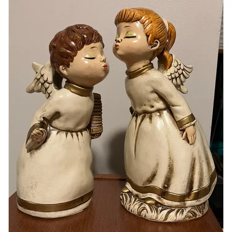 2 Vintage Paper Mache Ardco Gold Christmas Angel Kissing Figures