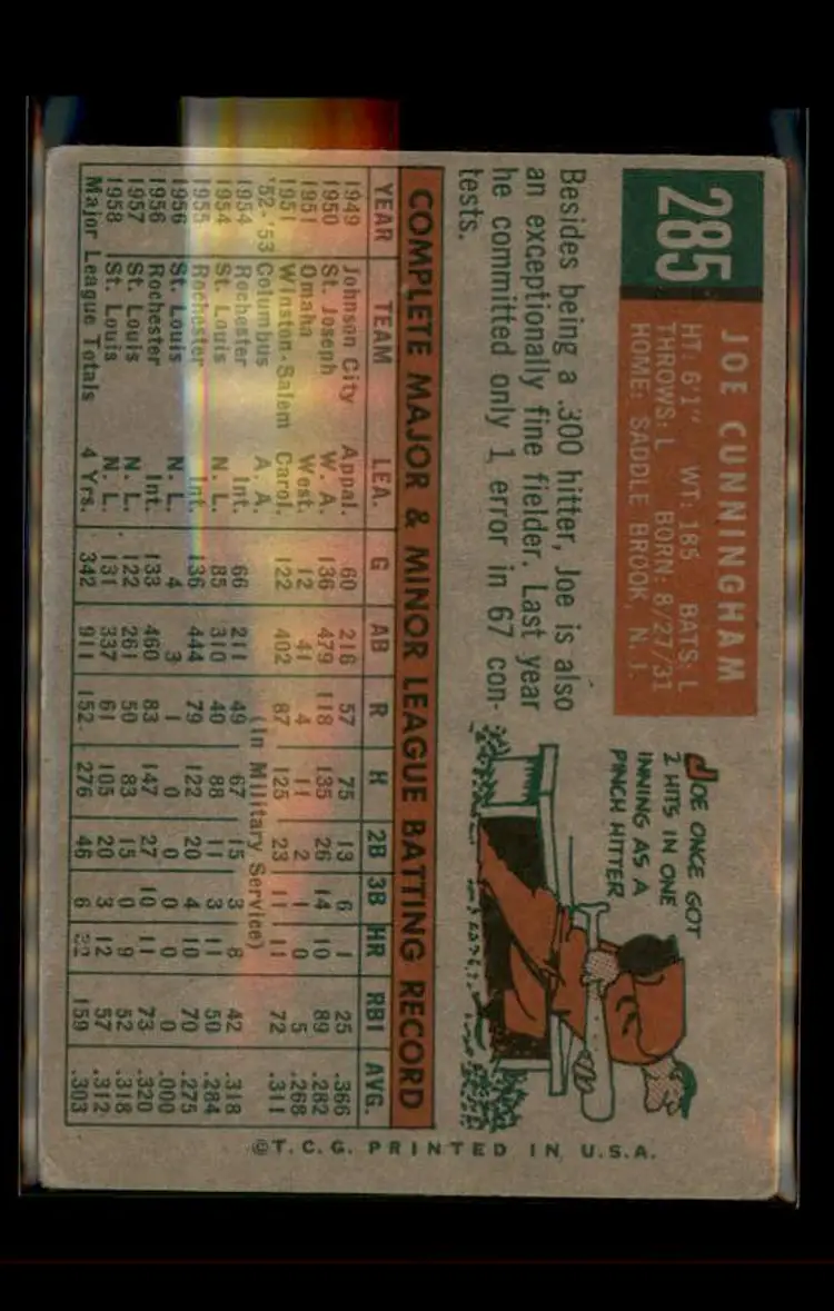 1959 Topps #285b Joe Cunningham - (pk4) - St. Louis Cardinals